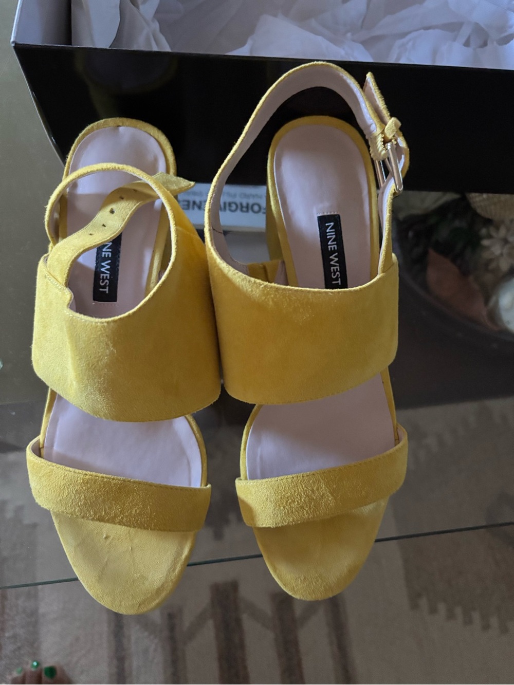 Nine West Mustard Suede Block Heel Sandals